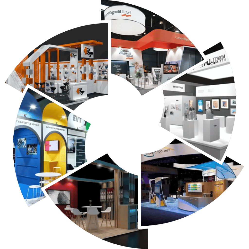 Collage of modern custom exhibition stand designs and trade show booths featuring creative lighting and branding.
