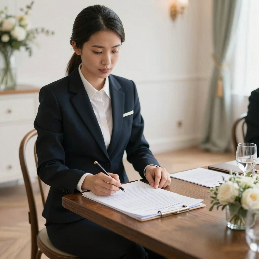 Elegant event coordinator managing a wedding day timeline with calm professionalism.