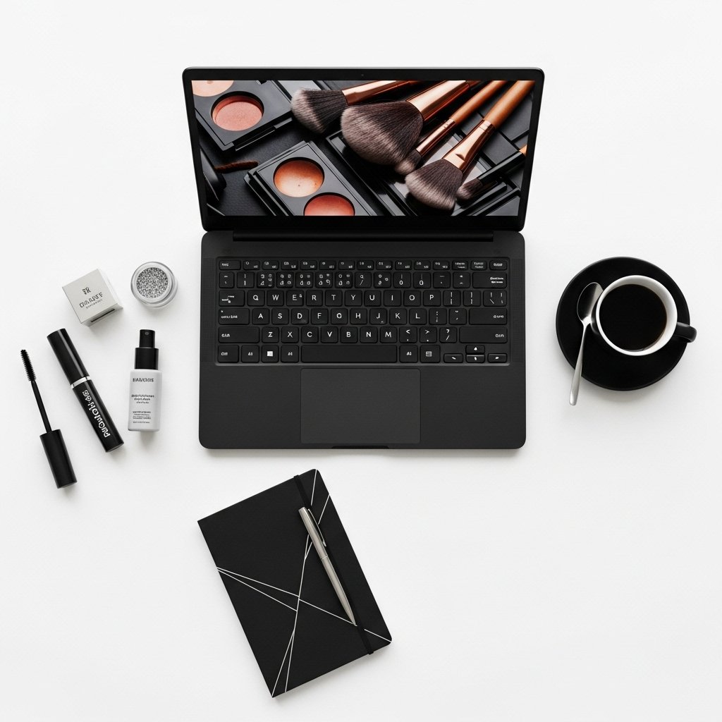 Flat lay of black laptop with makeup brushes on screen, mascara, and coffee on a white desk.