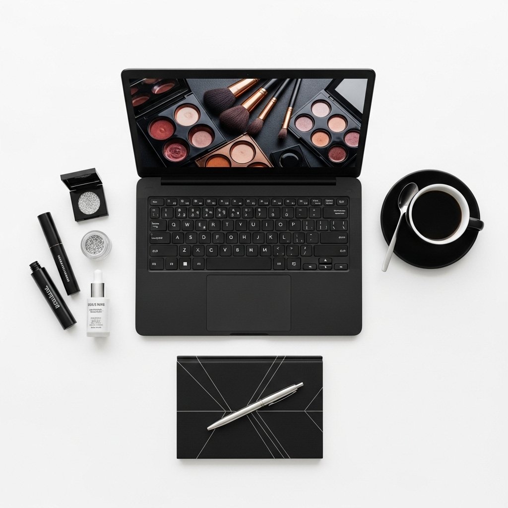 Flat lay of a laptop displaying makeup tutorials, surrounded by cosmetics, coffee, and a notebook.