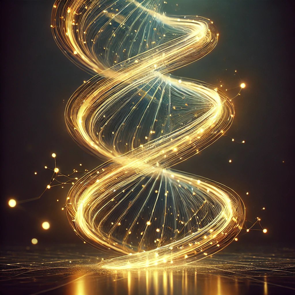 "Abstract digital art of a swirling golden light spiral with radiant fiber optic filaments and glowing embers."