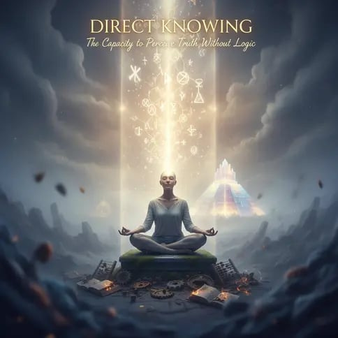 “Poster reading ‘Direct Knowing’ above a meditating figure in a beam of light, with sacred symbols and distant pyramid.”