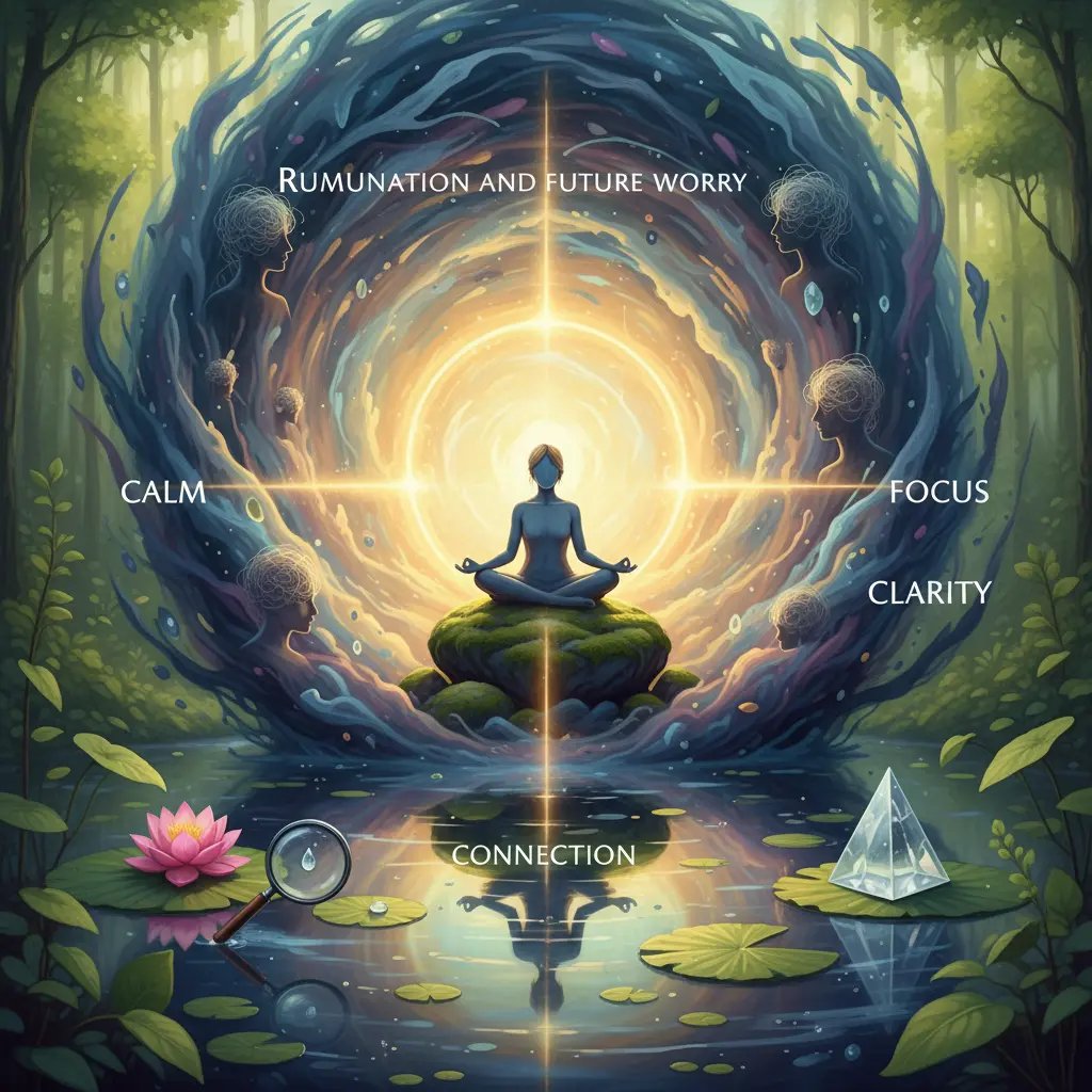 Present-time awareness meditation visual showing calm, focus, clarity, and connection beyond rumination and future worry.