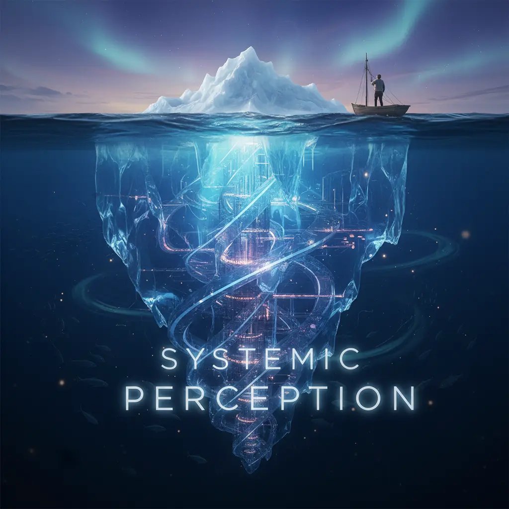 Illuminated iceberg revealing hidden systemic perception structures beneath the ocean surface