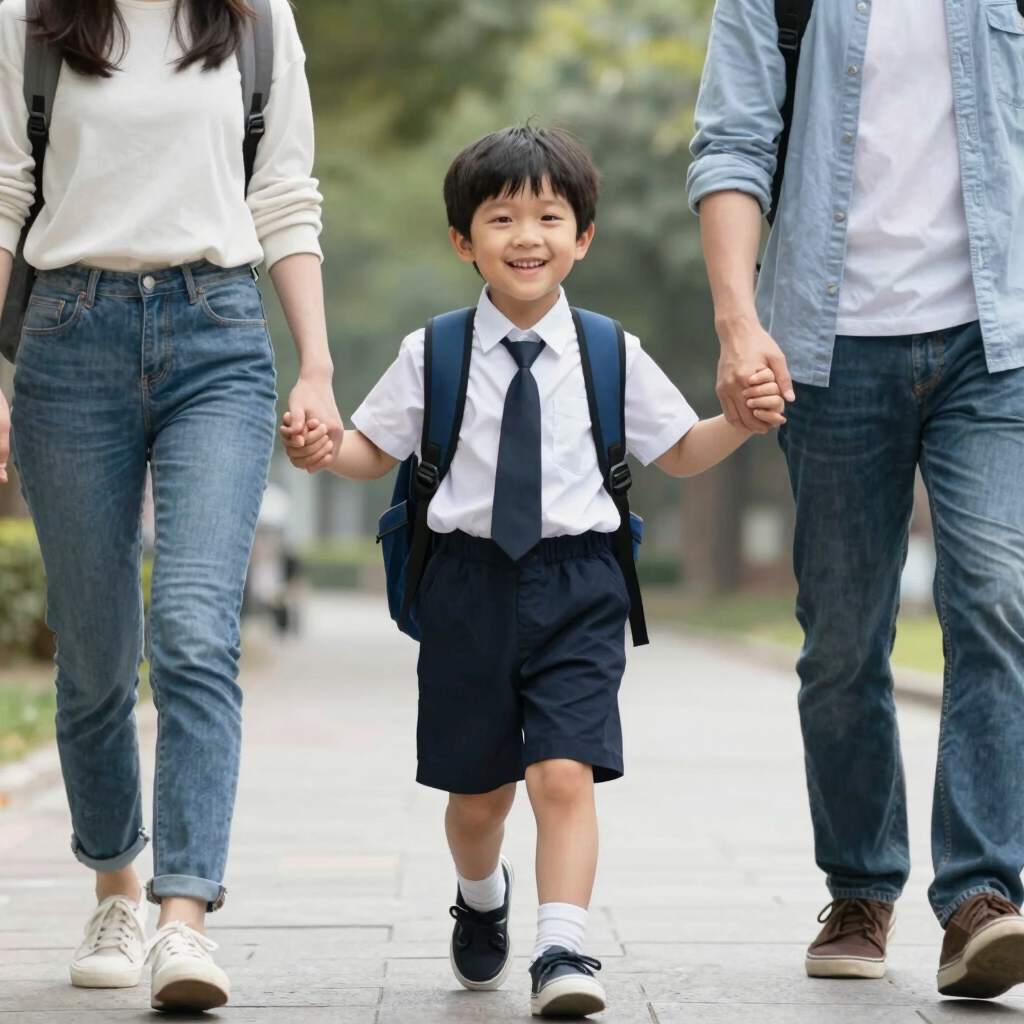 A smiling young boy in a school uniform holds hands with his parents while walking to school.
