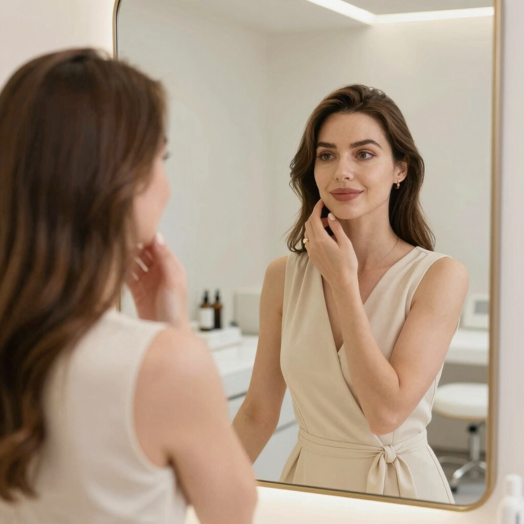 faça uma mulher bonita se olhando no espelho e sorrindo , feliz com sua beleza