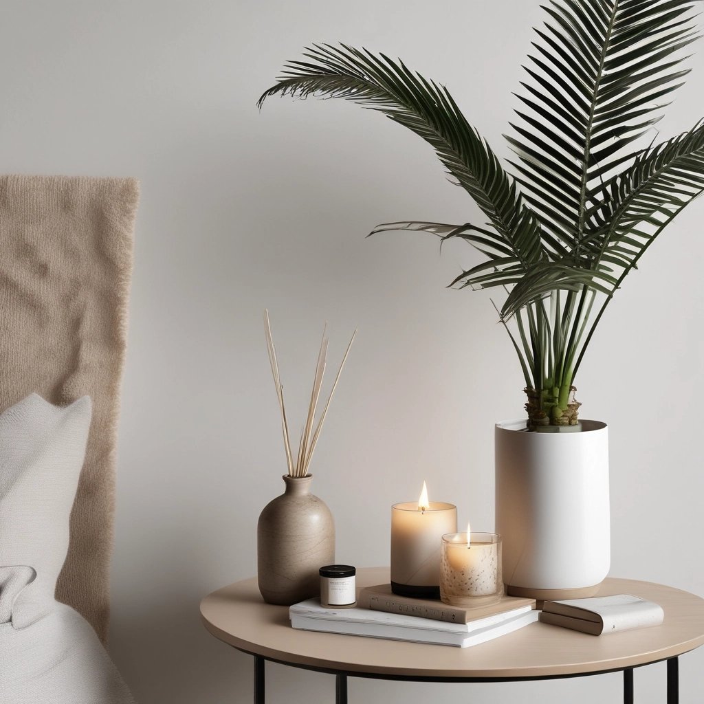 A cozy living room bathed in soft candlelight with elegant diffusers and linen mists arranged on a wooden shelf.