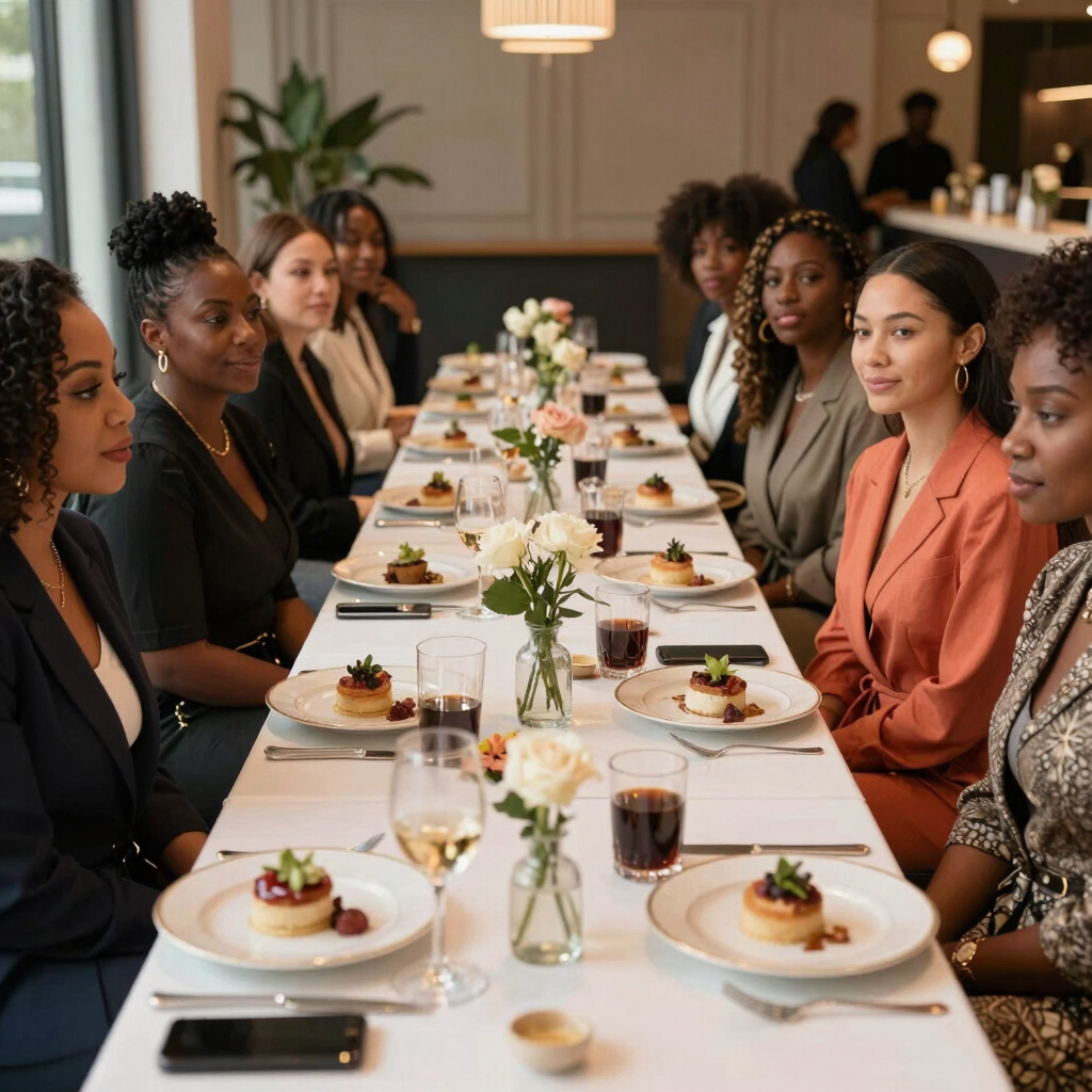 A cinematic shot of diverse women entrepreneurs collaborating in a stylish, modern workspace with bold lighting.