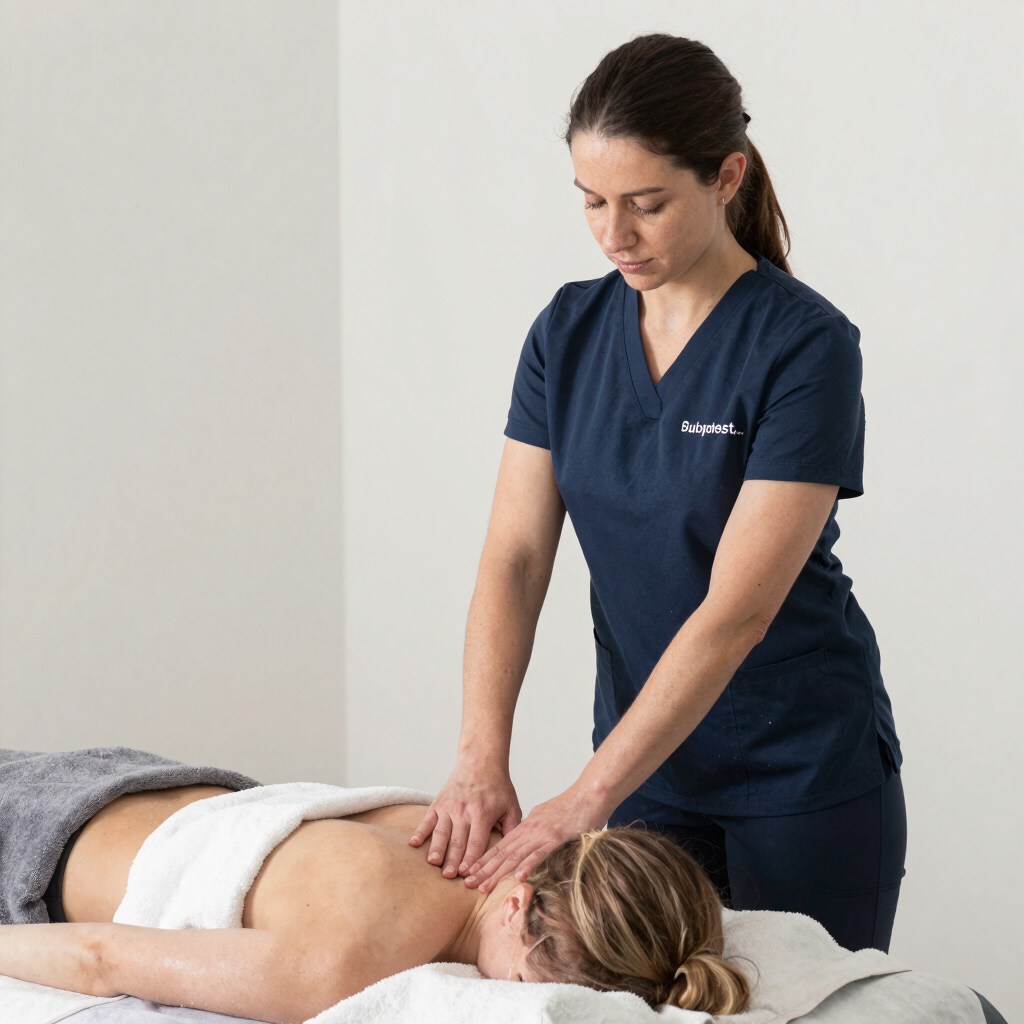 Therapist applying deep pressure to a female client's upper back and neck.