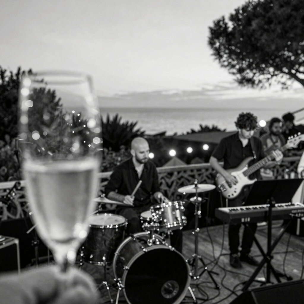 A softly lit hotel lounge with a string duo performing, bathed in warm golden light and surrounded by elegant ivory décor.