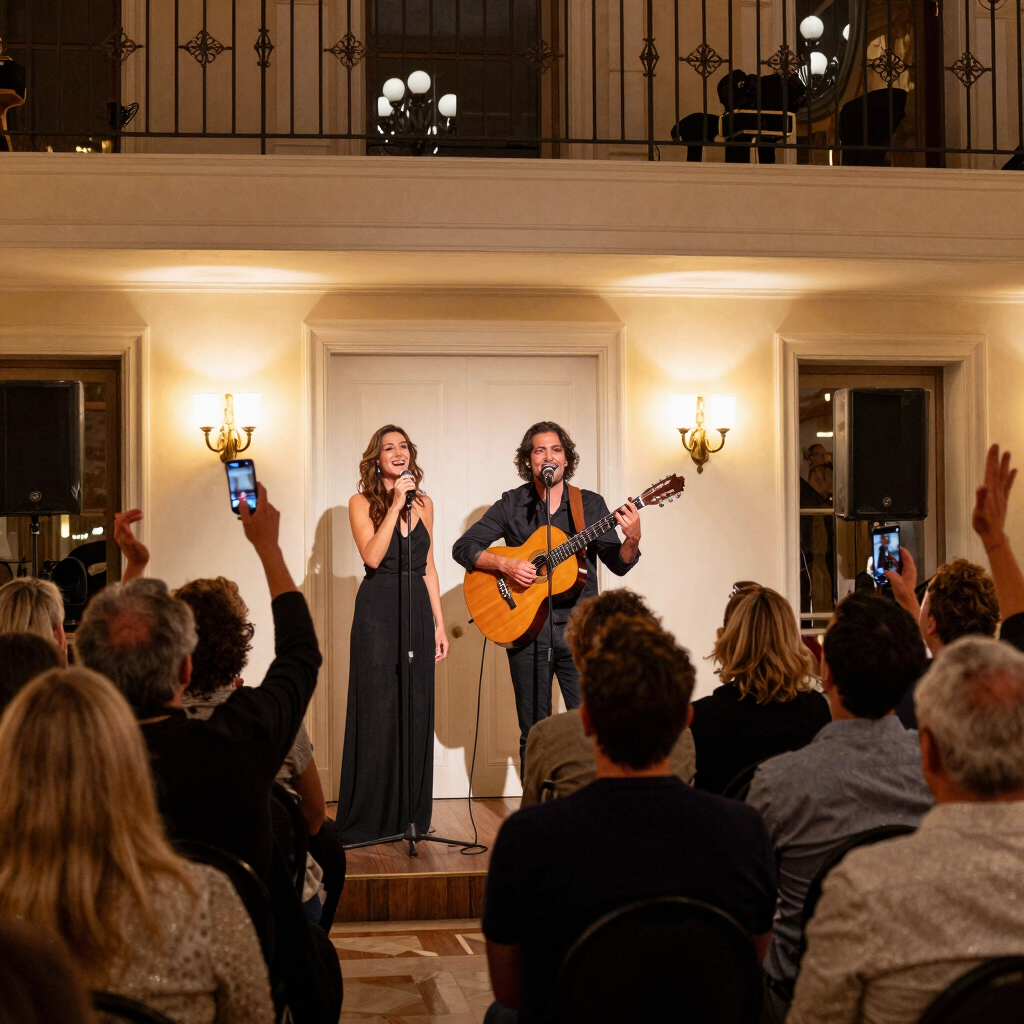 A refined duo performing softly in an intimate hotel lounge bathed in warm golden light.