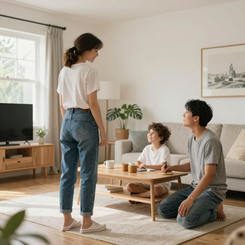 A happy family relaxing together in a bright, modern living room with minimalist wooden furniture.