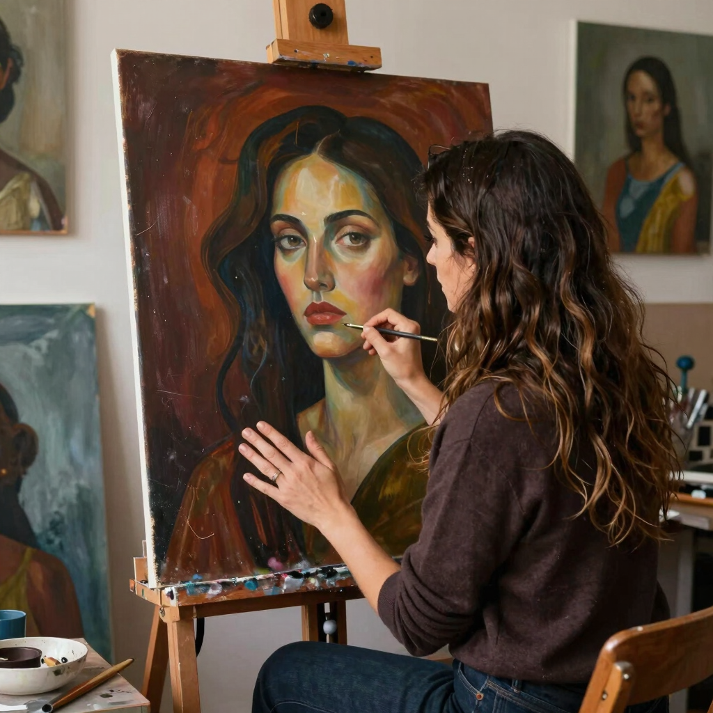 A warm studio scene showing Sónia Oliveira painting a symbolic portrait with rich, deep colors.
