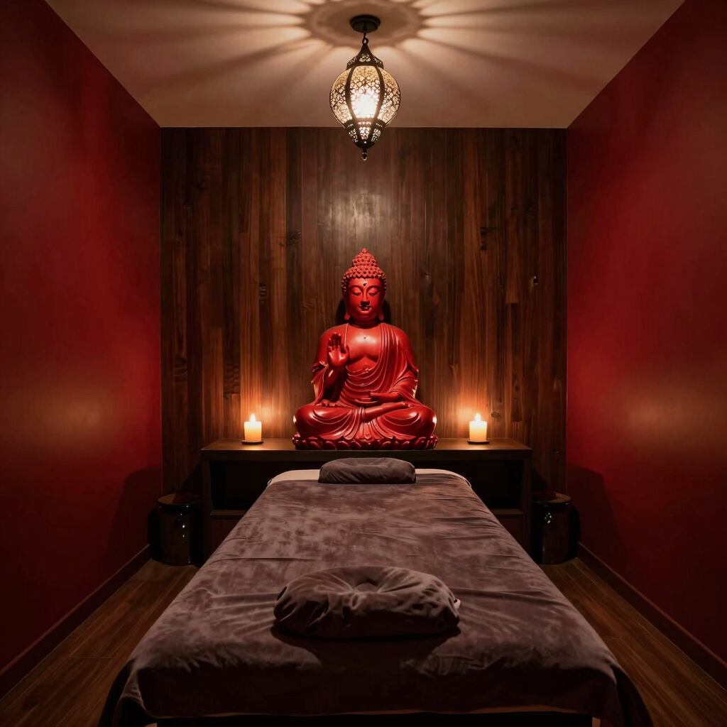 A serene treatment room bathed in soft natural light with minimalist Japanese-inspired decor and a neatly folded towel on a massage table.