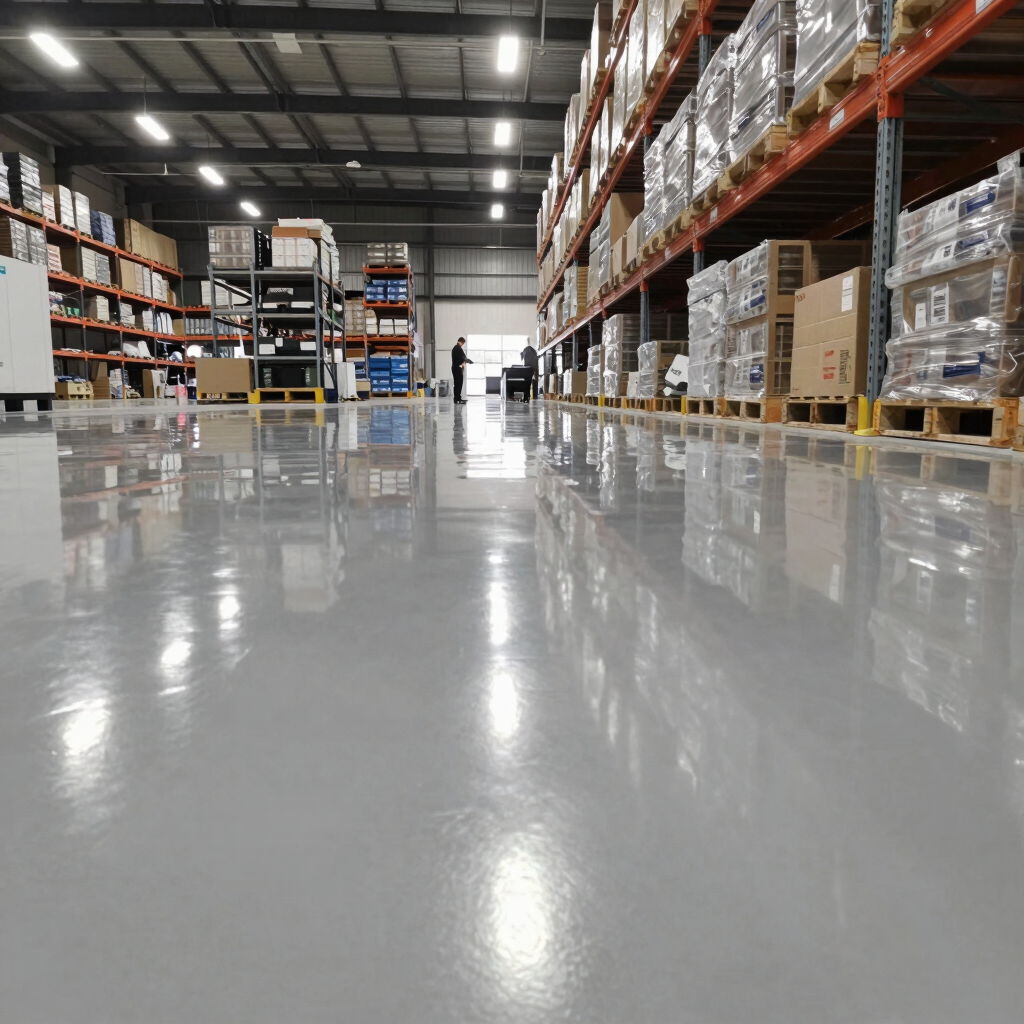 A freshly finished high-end residential garage floor with a glossy metallic epoxy surface reflecting soft lighting.