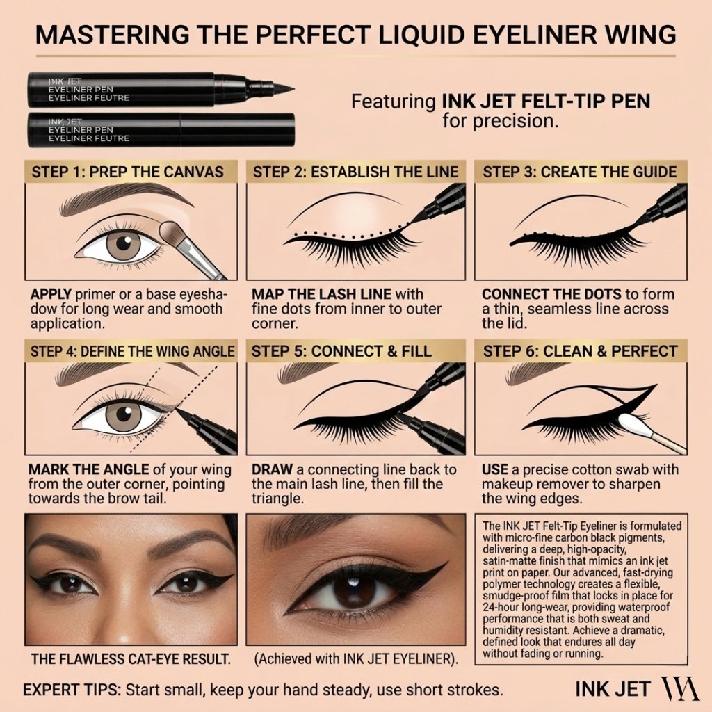Step-by-step infographic showing how to apply a winged cat-eye look using black liquid felt-tip eyeliner.