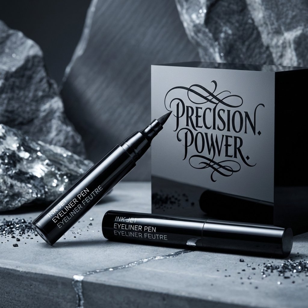 Black liquid eyeliner pen with felt tip applicator displayed against a luxury slate and rock background.