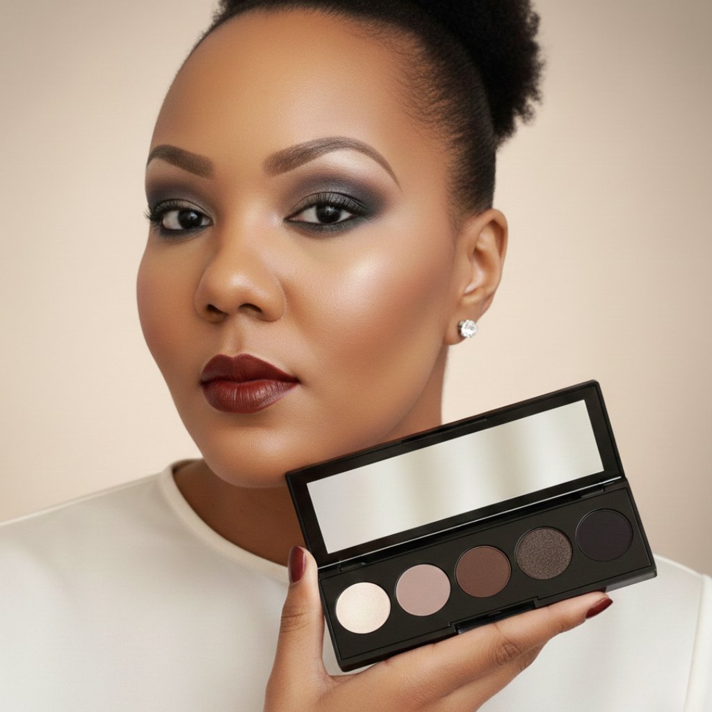 Woman with smokey eye makeup and dark lipstick holding a neutral eyeshadow palette.