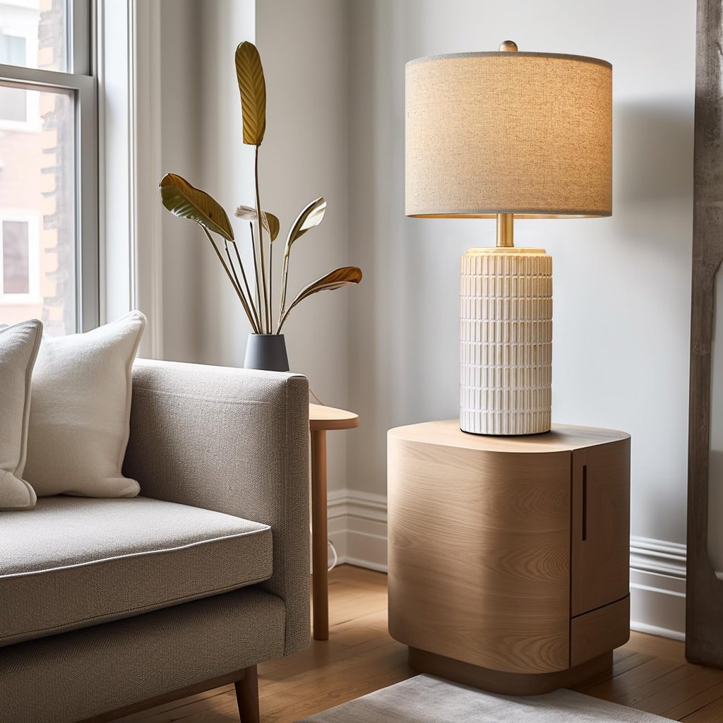 Modern table lamp with a ceramic base on a light wood nightstand next to a neutral fabric sofa.