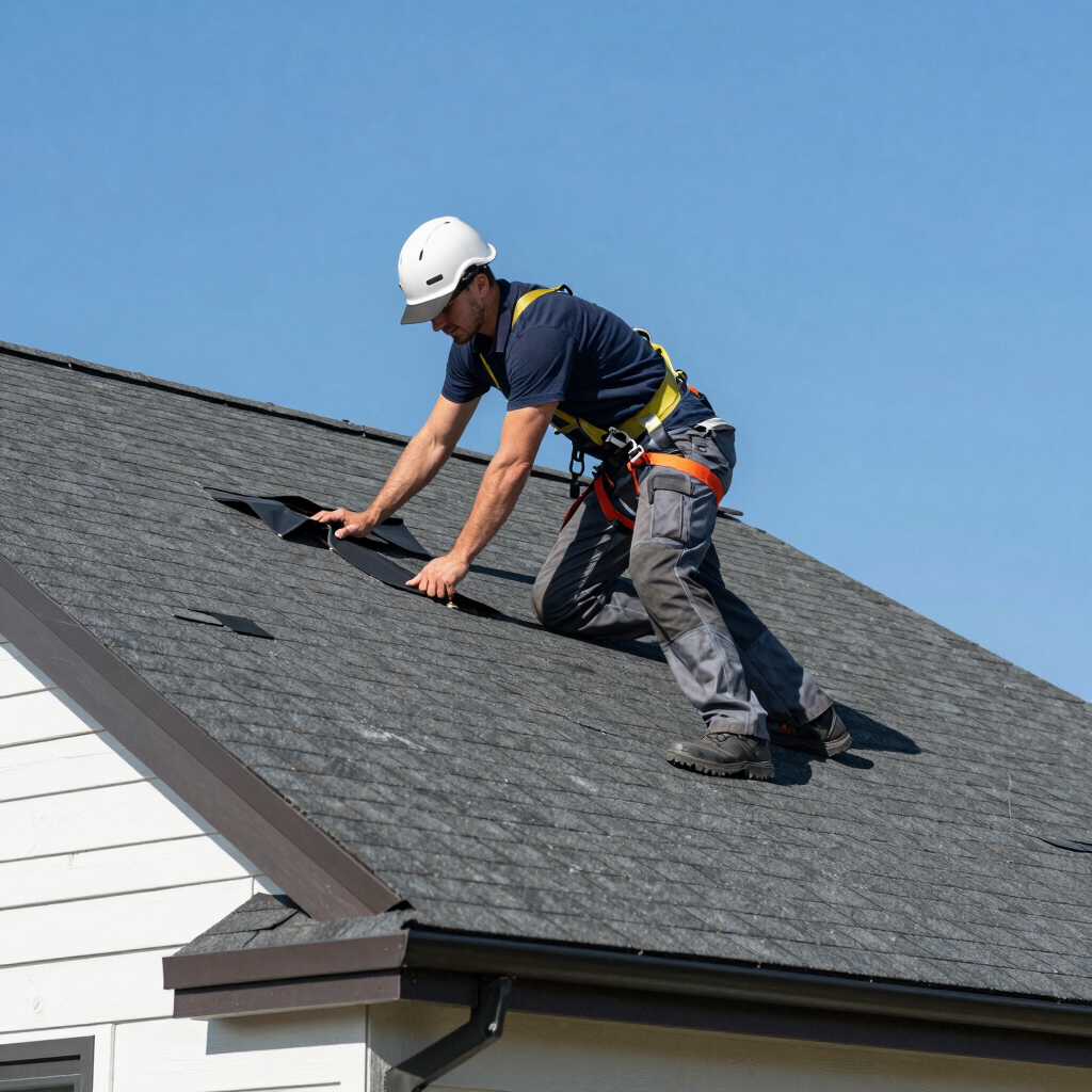 Close-up of a damaged roof with missing shingles being repaired by an expert.