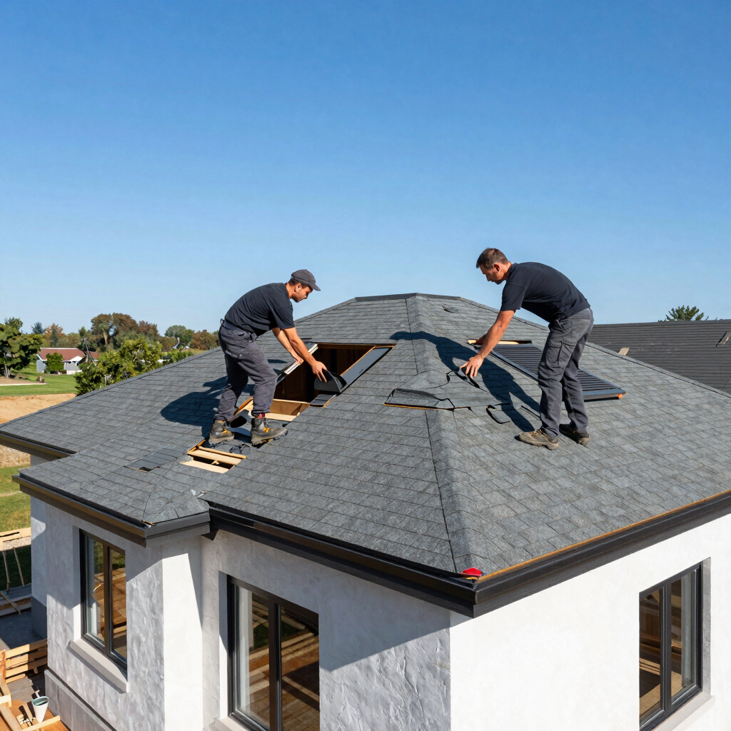 Close-up of a damaged roof with missing shingles being repaired by an expert.