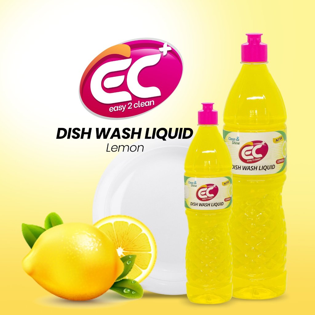 Easy 2 Clean lemon dish wash liquid bottles next to a fresh lemon and a clean white plate.