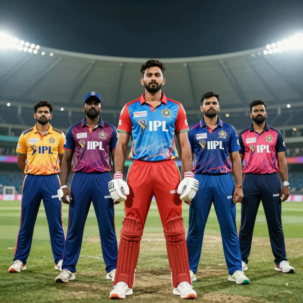 Professional cricket players in colorful IPL team jerseys standing in a stadium under bright lights.