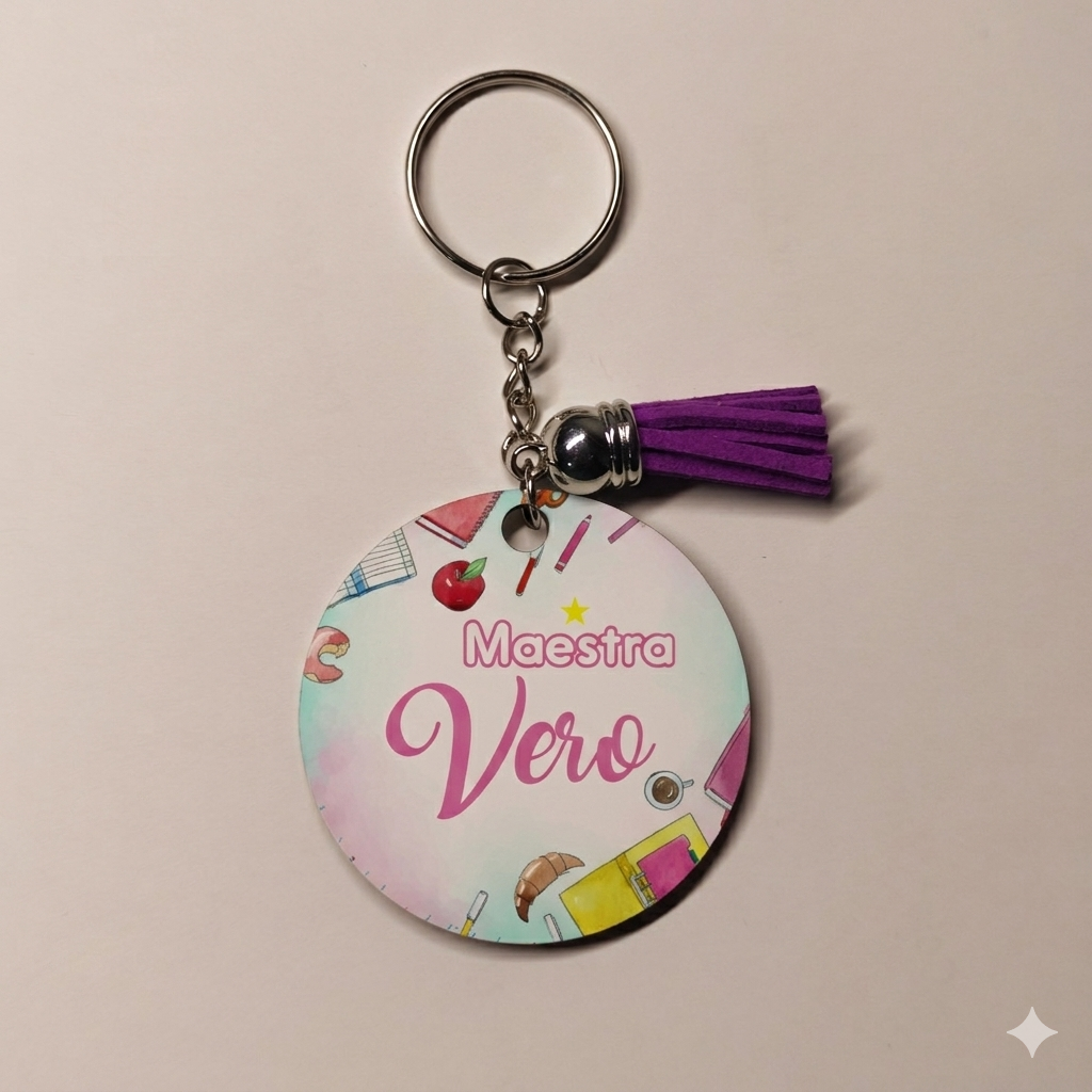 Personalized teacher keychain for Maestra Vero with a purple tassel and school supplies illustrations.