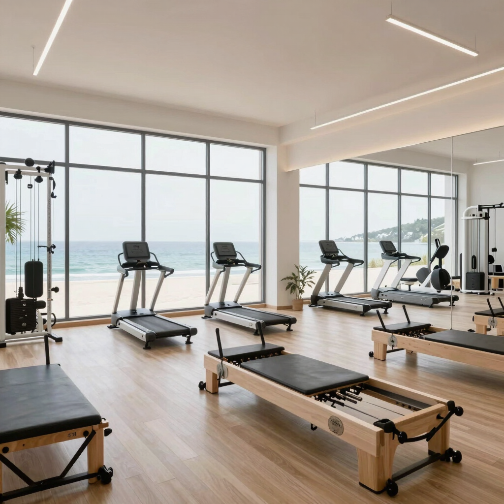 Minimalist shot of modern fitness equipment against an anthracite wall with glowing neon outlines.