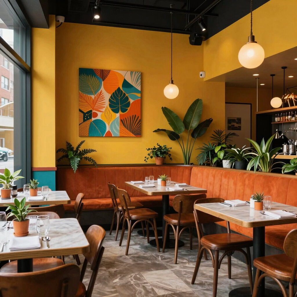 A warmly lit interior showcasing Cuatro Chicago's stylish decor with guests enjoying drinks near the large glowing aquarium.