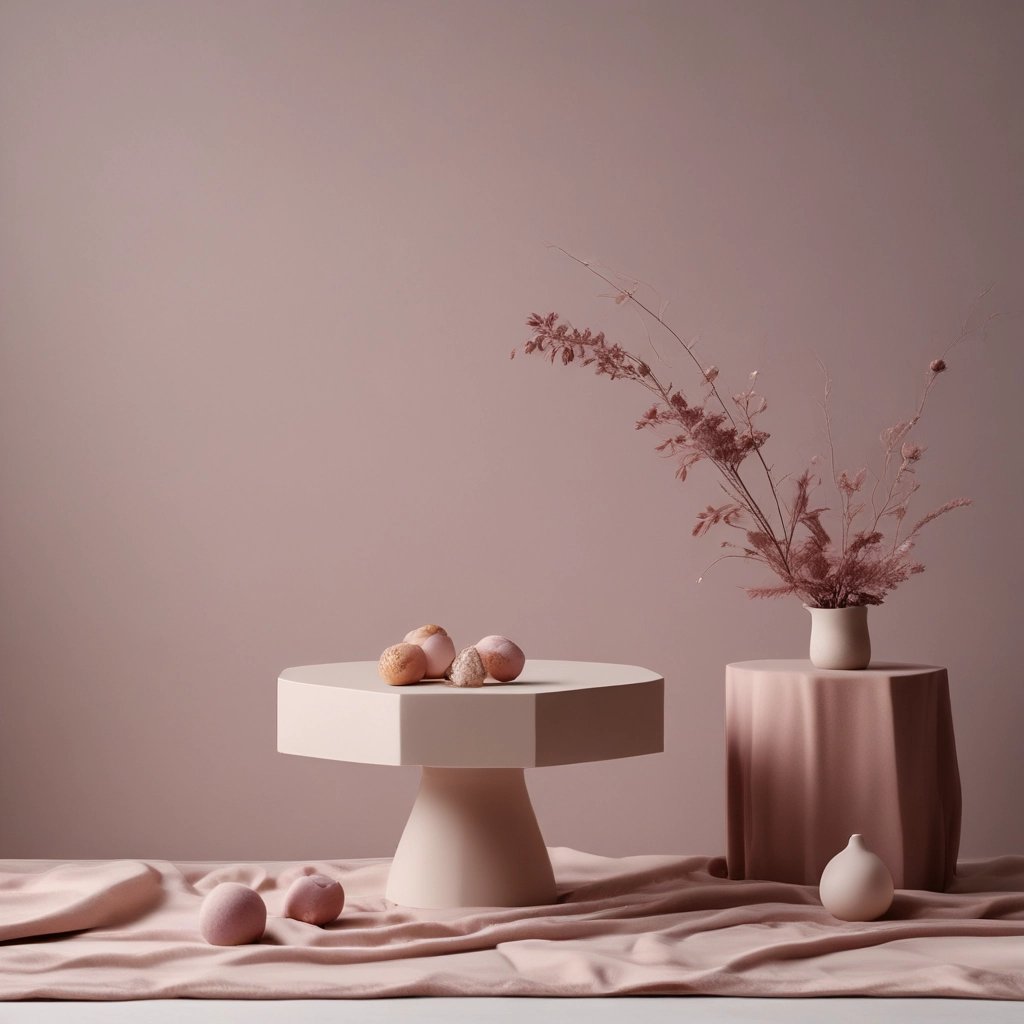 Softly lit flat lay of artistic digital product thumbnails on a white background accented with touches of muted plum and light gray.