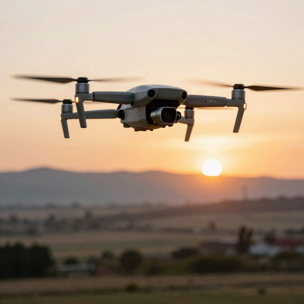 A professional drone pilot instructing a student outdoors, both focused and surrounded by green fields under a clear sky.