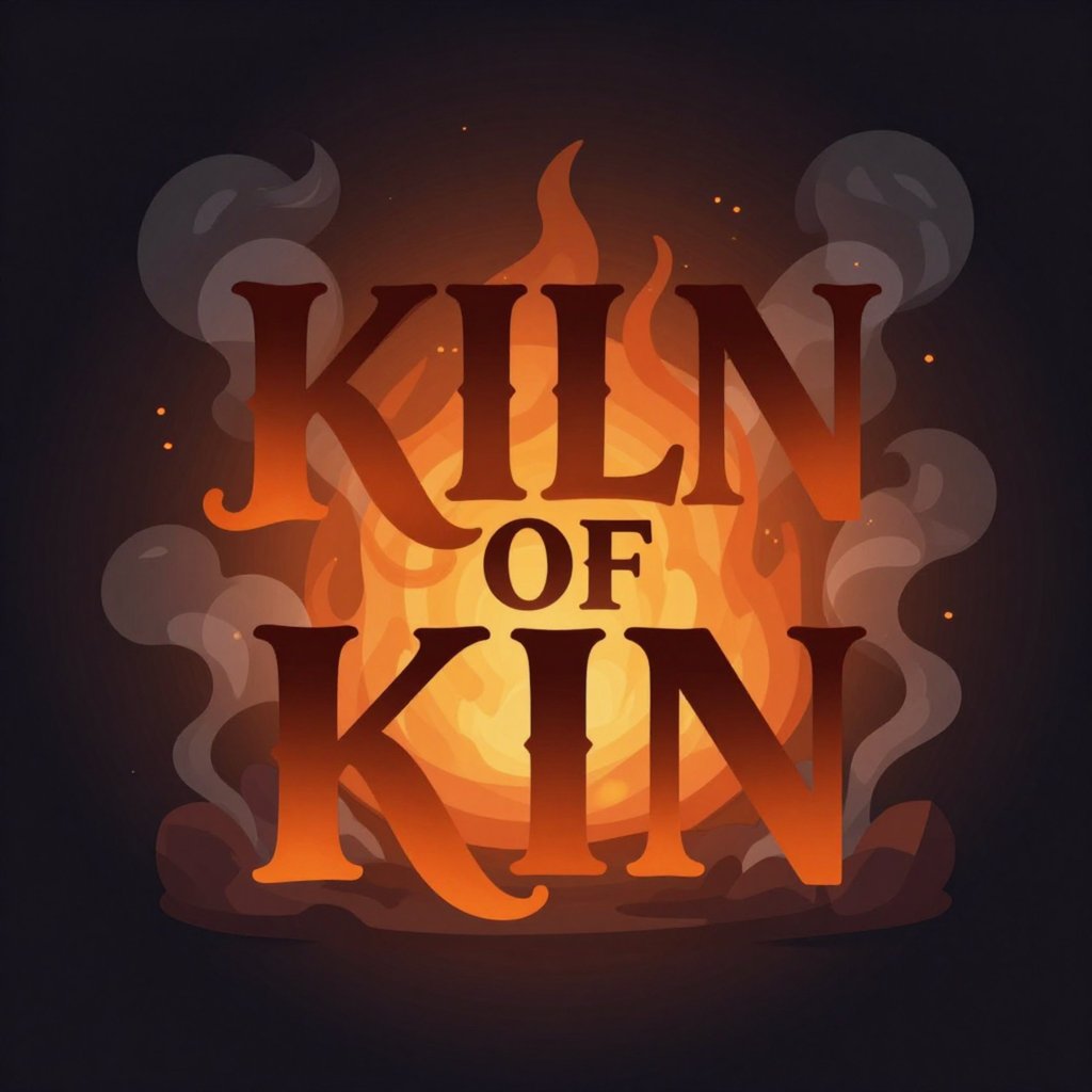 Kiln of Kin stylized text logo in front of a glowing orange fire with smoke and embers.