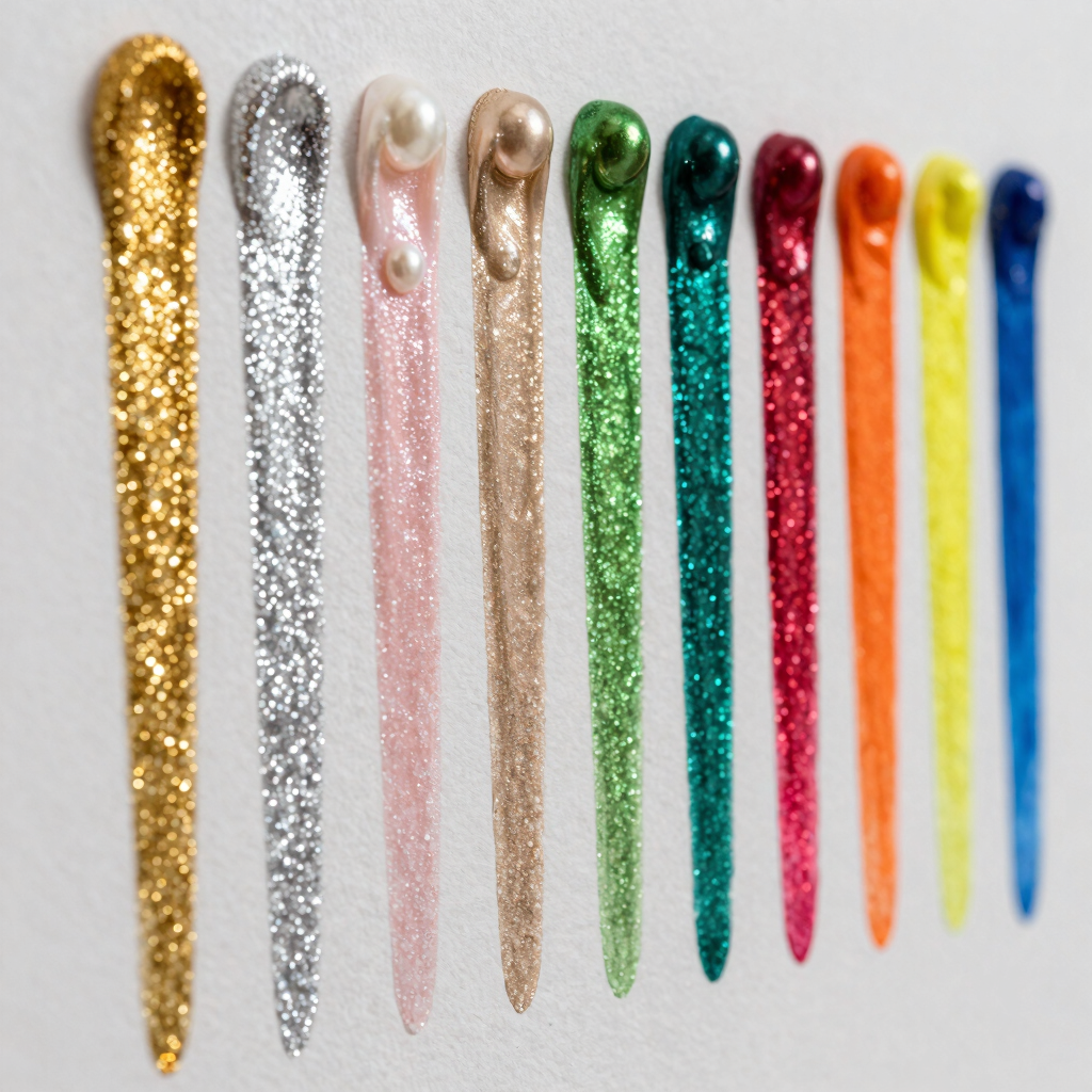 A vibrant display of colorful paint swatches arranged by series and shimmer.
