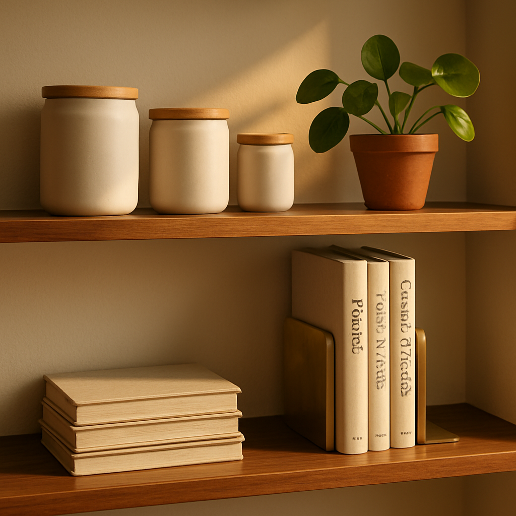 A minimalist, organized shelving system with clean lines and soft, warm tones.