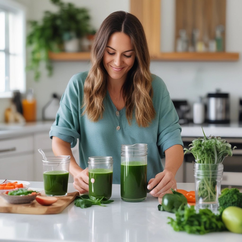 a woman is holding a glass of green juice