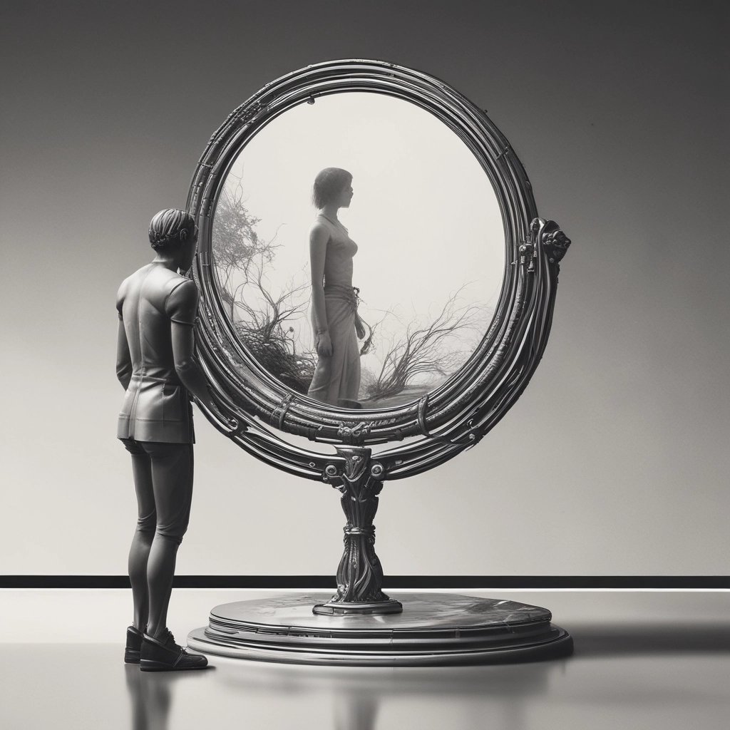 a woman standing in front of a mirror