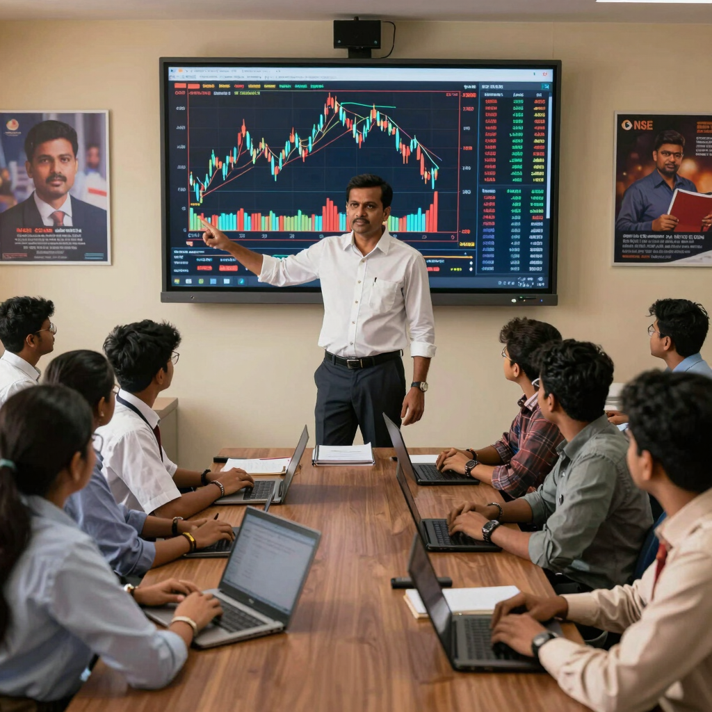 A focused classroom scene with students engaged in hands-on stock market training at DTF Rohini.