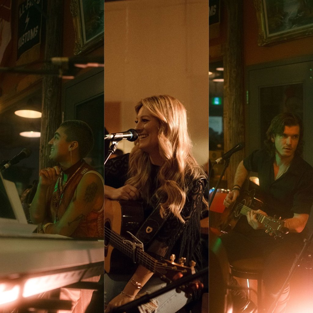 A collage of singers Zenon, Alex Hughes, and Flaysher performing at a Blue Jay Sessions event