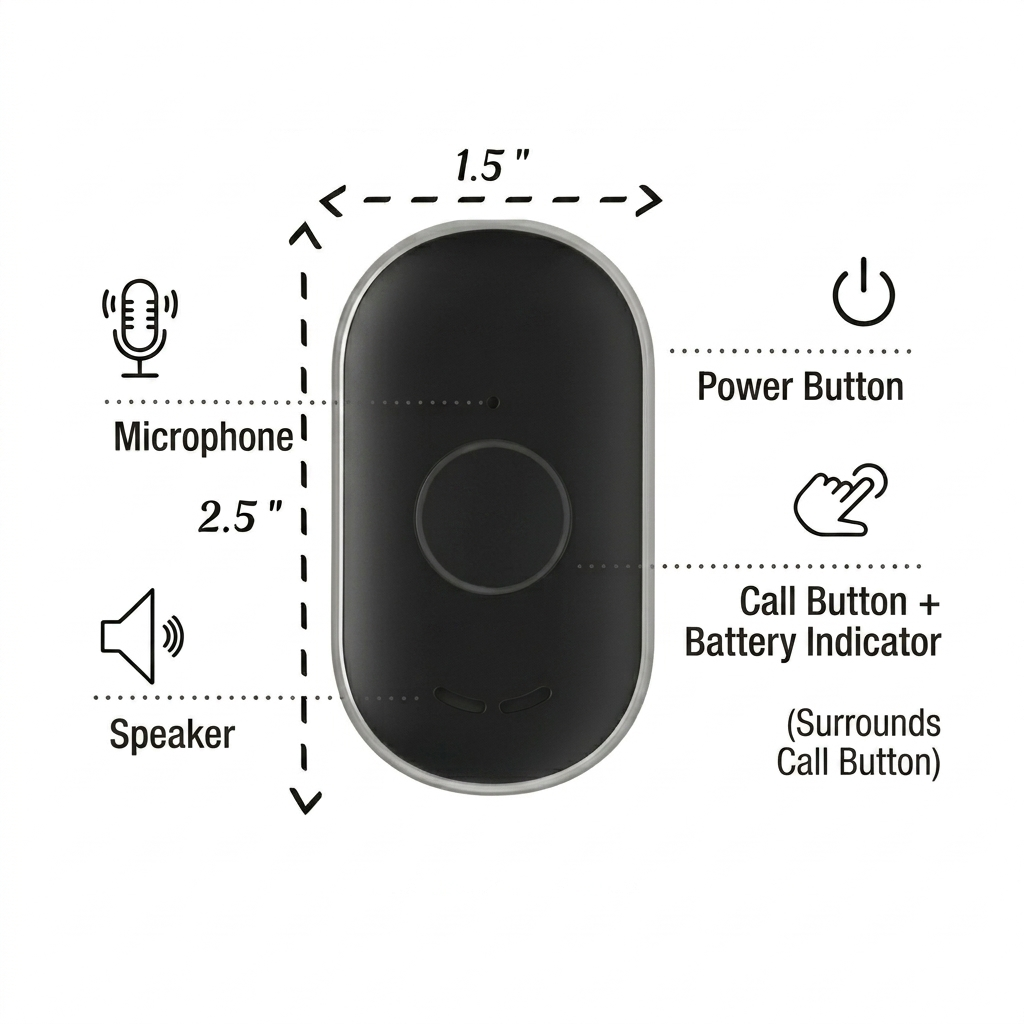 Pendent design. 1.5 in wide, 2.5 in tall, power button call button battery indicator microphone speaker.