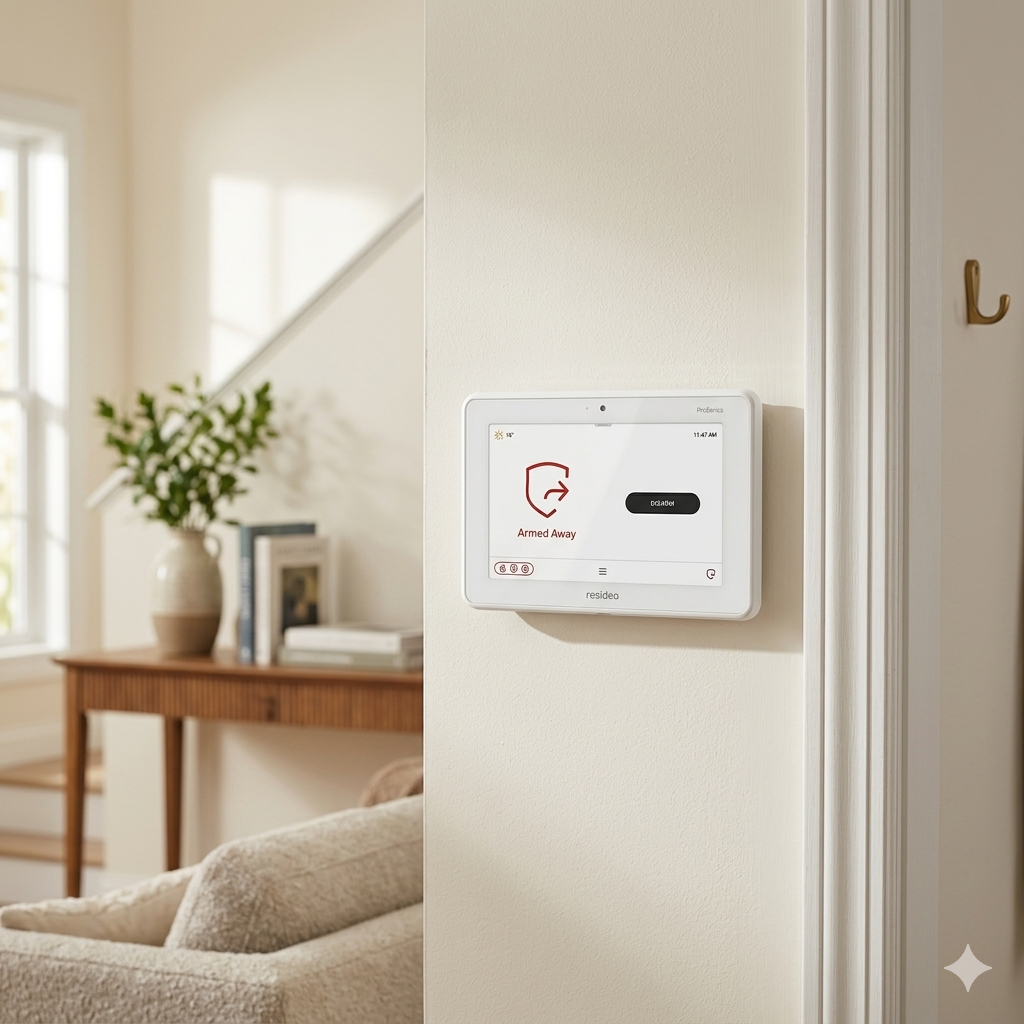 Honneywell Resideo Alarm System Pro7Aplus keypad installed on wall in home