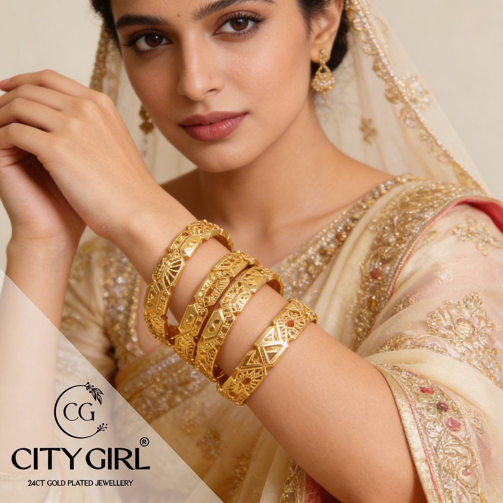 Bridal bangle set in 24K gold plating featuring premium design — City Gold Churi Design 