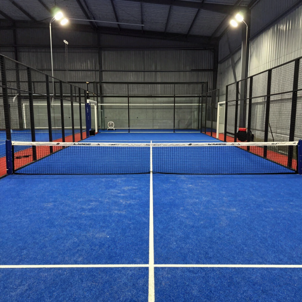 Close-up of a padel court net with red accents, pristine court lines visible under bright sun