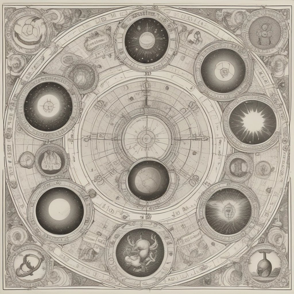 Astrological symbols of zodiac signs and planets softly glowing in the background.