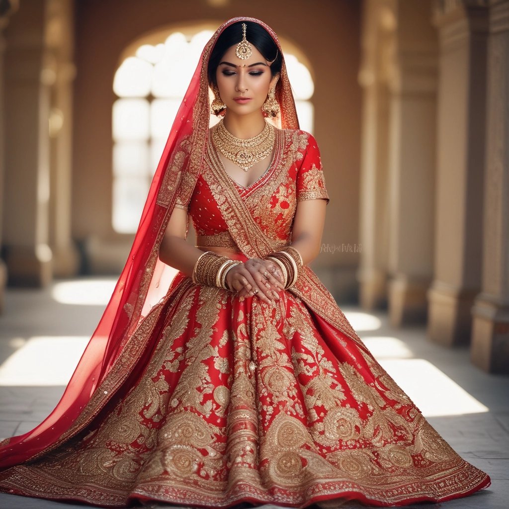 Elegant Indian bride in a red and gold lehenga choli with traditional gold bridal jewelry.