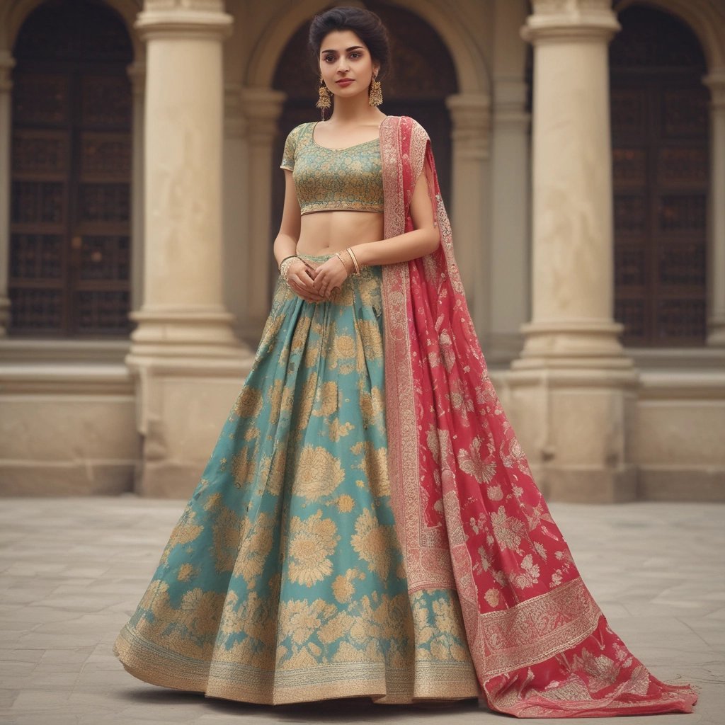 A woman wearing a traditional turquoise and gold lehenga choli with a red dupatta in front of ancient pillars.