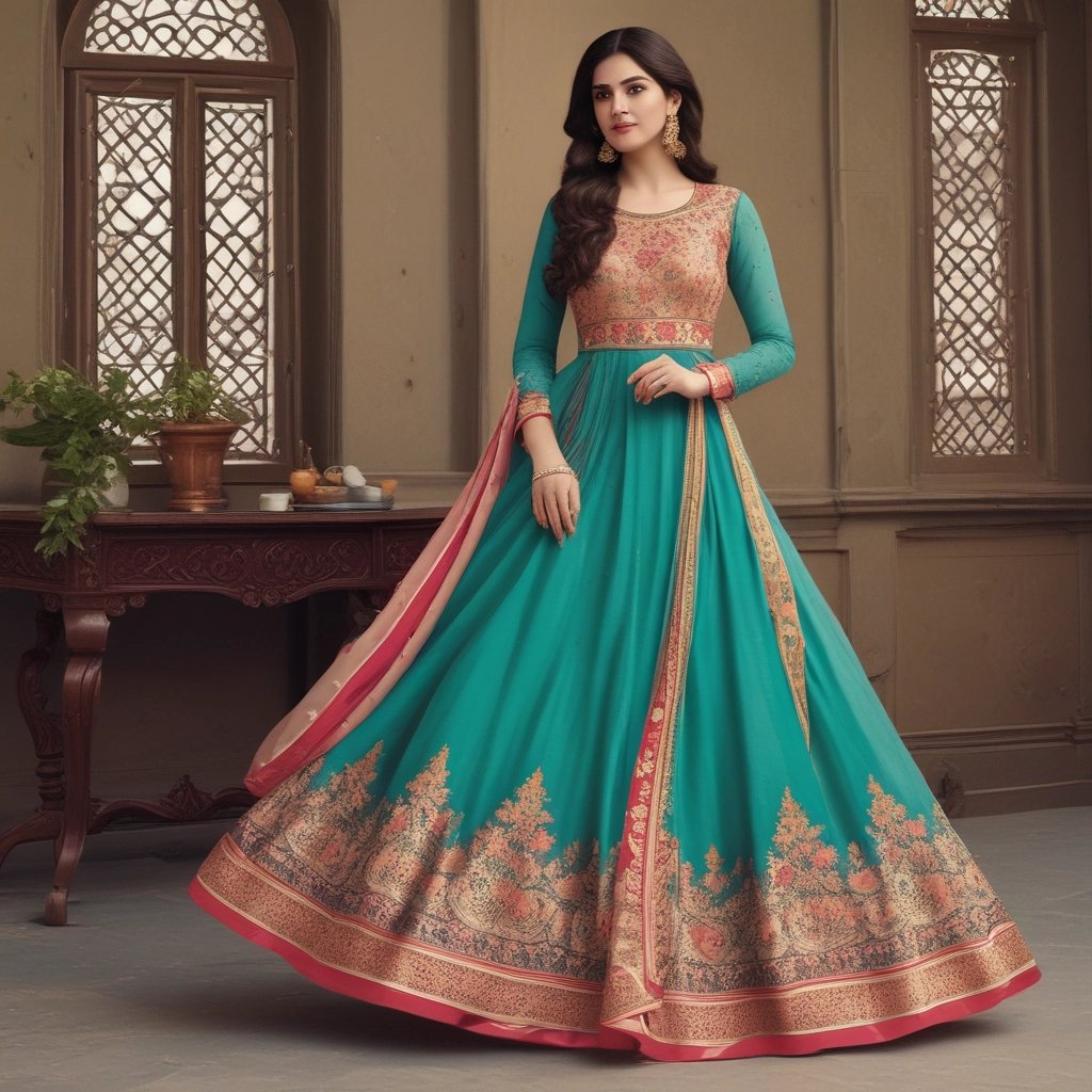 A woman wearing a turquoise teal embroidered Anarkali suit with gold floral patterns and ethnic jewelry.