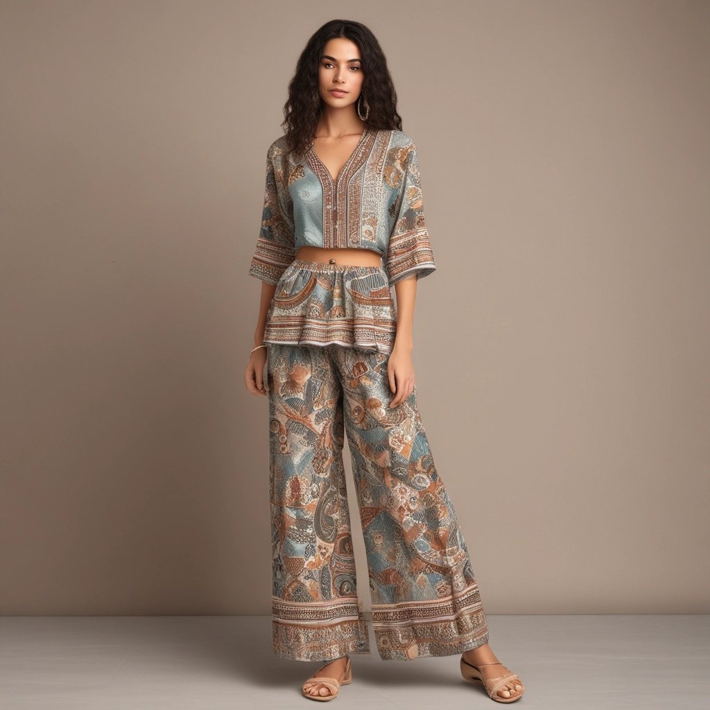 Woman wearing a bohemian paisley print two-piece set with a crop top and wide-leg trousers.
