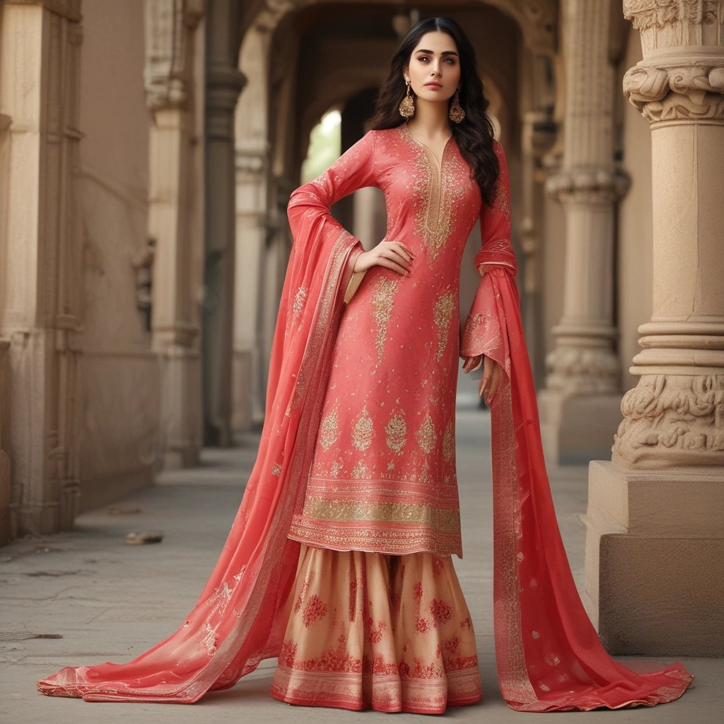 Elegant woman in a peach and gold embroidered designer salwar kameez with gharara pants and dupatta.