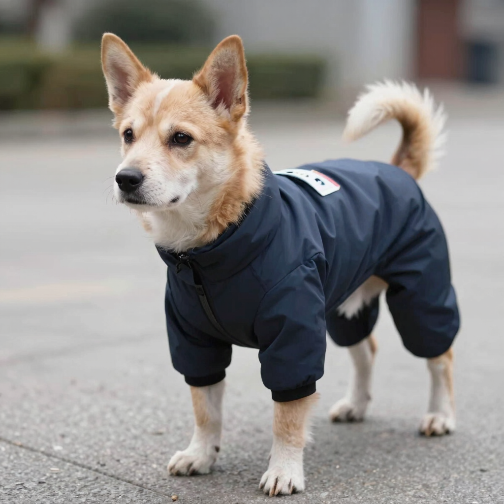 Perro de color marrón suave con abrigo impermeable azul marino.